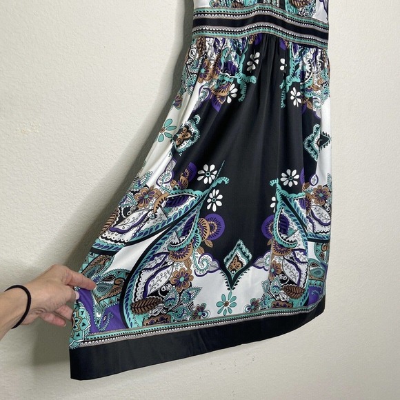 Ice Floral and Paisley V Neck Sleeveless Belted Black Dress 12 - Picture 5 of 10